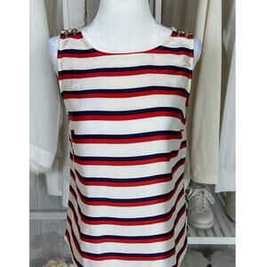 Talbots Women's Sz XS Petite Red White Navy Striped Satin Button Tank #0554